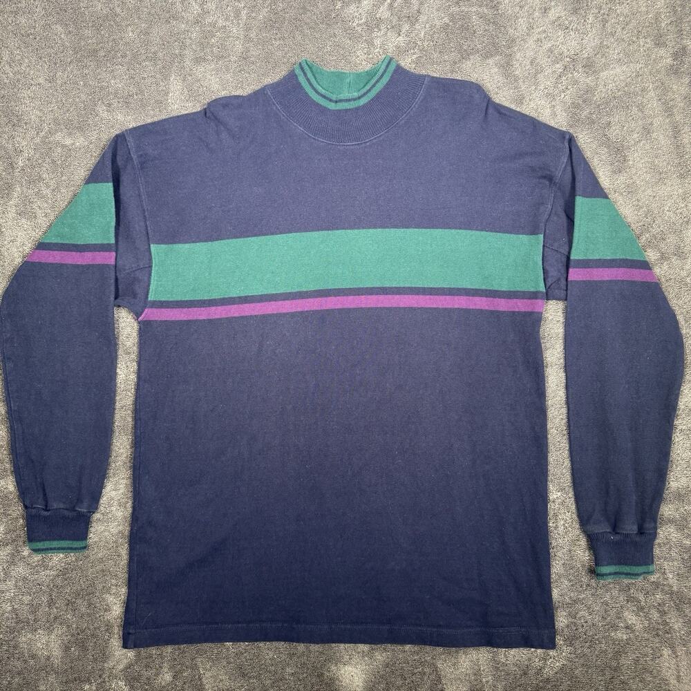 LL Bean Mock Neck Rugby Shirt Mens Large Striped Made USA Freeport Vintage